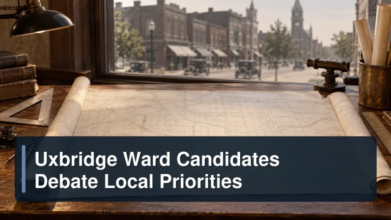 Neutral community forum scene with the headline Uxbridge Ward Candidates Debate Local Priorities