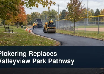 Pickering Replaces Valleyview Park Pathway Valleyview Park asphalt pathway resurfacing beside a baseball diamond with the headline Pickering Replaces Valleyview Park Pathway