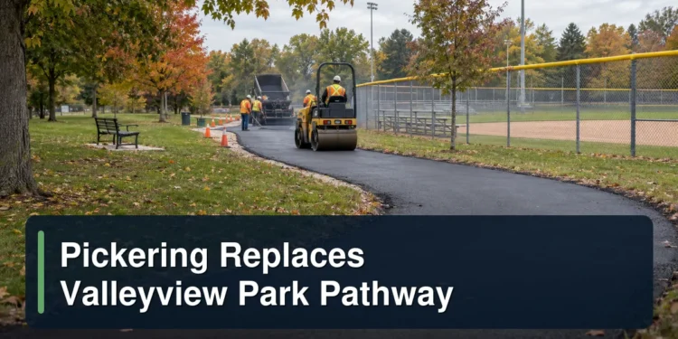 Valleyview Park asphalt pathway resurfacing beside a baseball diamond with the headline Pickering Replaces Valleyview Park Pathway