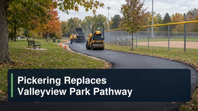 Valleyview Park asphalt pathway resurfacing beside a baseball diamond with the headline Pickering Replaces Valleyview Park Pathway