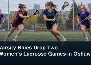 Women’s university field lacrosse game in Oshawa with the headline Varsity Blues Drop Two Women’s Lacrosse Games in Oshawa