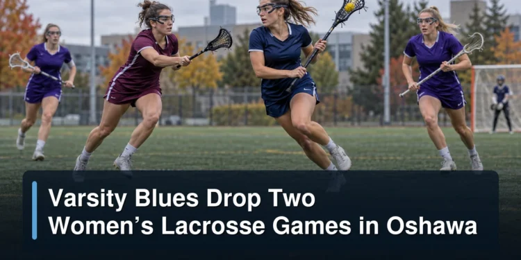 Women’s university field lacrosse game in Oshawa with the headline Varsity Blues Drop Two Women’s Lacrosse Games in Oshawa