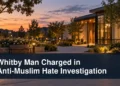 Restrained community investigation scene with the headline Whitby Man Charged in Anti-Muslim Hate Investigation
