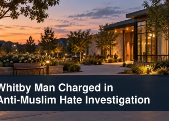 Restrained community investigation scene with the headline Whitby Man Charged in Anti-Muslim Hate Investigation