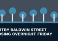 Original local news illustration with the headline Whitby Baldwin Street Closing Overnight Friday