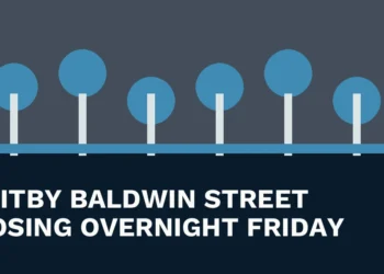 Original local news illustration with the headline Whitby Baldwin Street Closing Overnight Friday