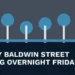 Original local news illustration with the headline Whitby Baldwin Street Closing Overnight Friday