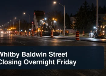 Overnight Whitby roadwork scene with the headline Whitby Baldwin Street Closing Overnight Friday