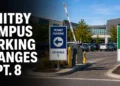 College parking lot with separate permit and daily parking entrances illustrating Whitby campus parking changes