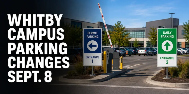 College parking lot with separate permit and daily parking entrances illustrating Whitby campus parking changes