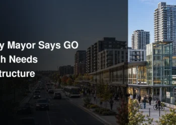 Whitby GO station with commuter rail and nearby residential development