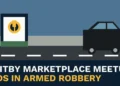 Original illustration of a Marketplace meetup and vehicle with the headline Whitby Marketplace Meetup Ends in Armed Robbery