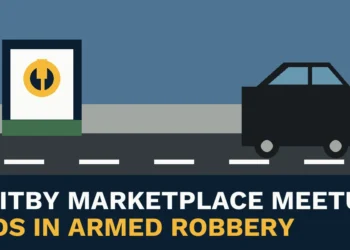 Original illustration of a Marketplace meetup and vehicle with the headline Whitby Marketplace Meetup Ends in Armed Robbery