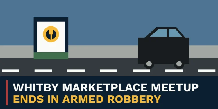 Original illustration of a Marketplace meetup and vehicle with the headline Whitby Marketplace Meetup Ends in Armed Robbery