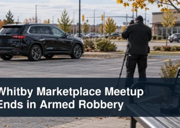 Whitby commercial-area investigation scene with the headline Whitby Marketplace Meetup Ends in Armed Robbery