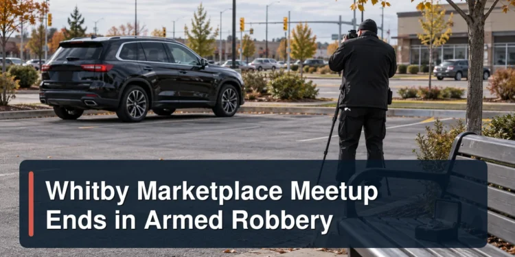 Whitby commercial-area investigation scene with the headline Whitby Marketplace Meetup Ends in Armed Robbery