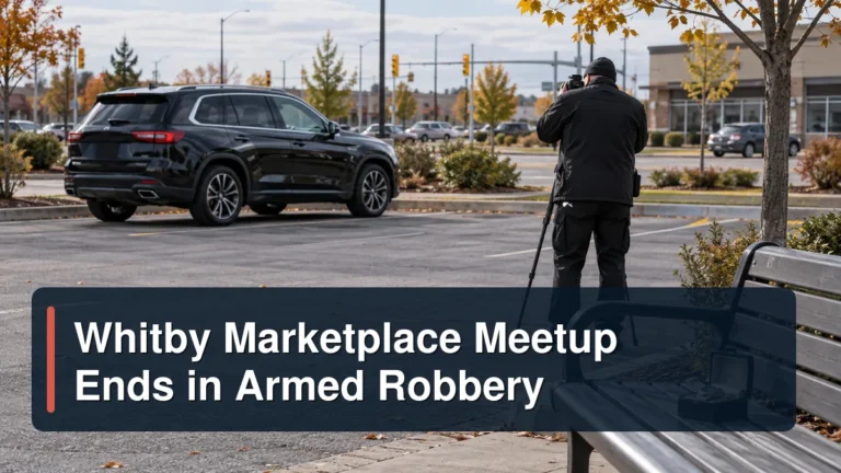 Whitby commercial-area investigation scene with the headline Whitby Marketplace Meetup Ends in Armed Robbery