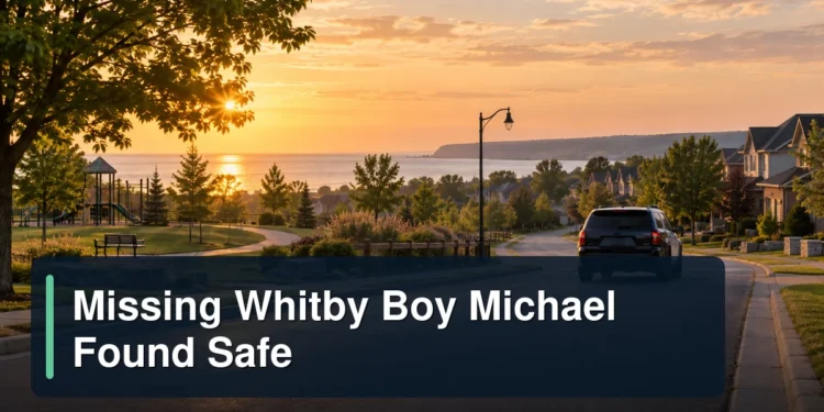 Calm Whitby neighbourhood at sunrise with the headline Missing Whitby Boy Michael Found Safe