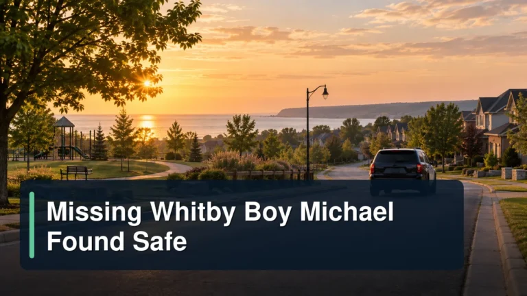 Calm Whitby neighbourhood at sunrise with the headline Missing Whitby Boy Michael Found Safe