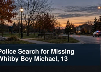 Police Search for Missing Whitby Boy Michael, 13 Empty Whitby neighbourhood search scene with the headline Police Search for Missing Whitby Boy Michael, 13