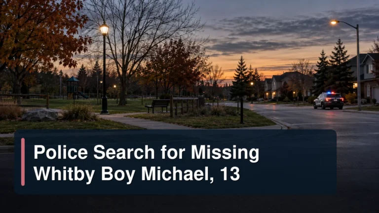 Empty Whitby neighbourhood search scene with the headline Police Search for Missing Whitby Boy Michael, 13