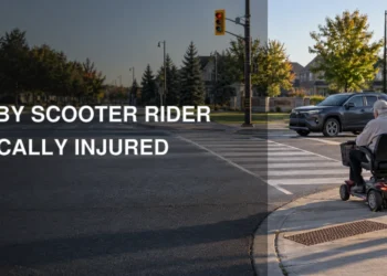 Neutral road-safety illustration of a mobility scooter rider at a Whitby intersection