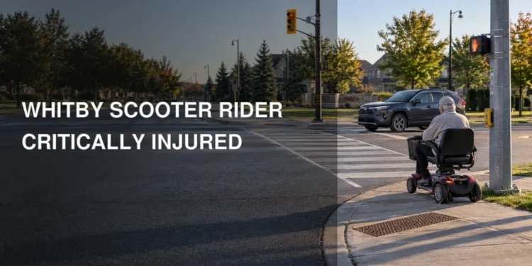 Neutral road-safety illustration of a mobility scooter rider at a Whitby intersection