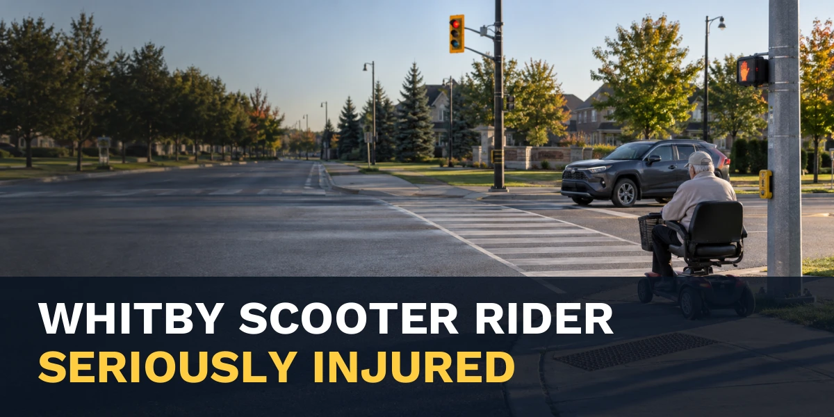 Mobility scooter rider at a crosswalk with the headline Whitby Scooter Rider Seriously Injured