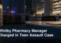 Empty unbranded pharmacy investigation scene with the headline Whitby Pharmacy Manager Charged in Teen Assault Case