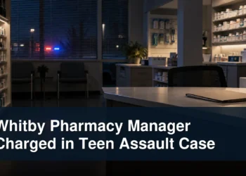 Empty unbranded pharmacy investigation scene with the headline Whitby Pharmacy Manager Charged in Teen Assault Case