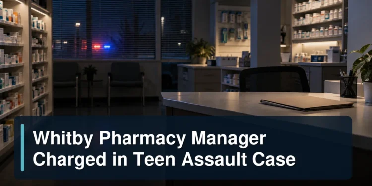 Empty unbranded pharmacy investigation scene with the headline Whitby Pharmacy Manager Charged in Teen Assault Case