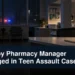 Empty unbranded pharmacy investigation scene with the headline Whitby Pharmacy Manager Charged in Teen Assault Case