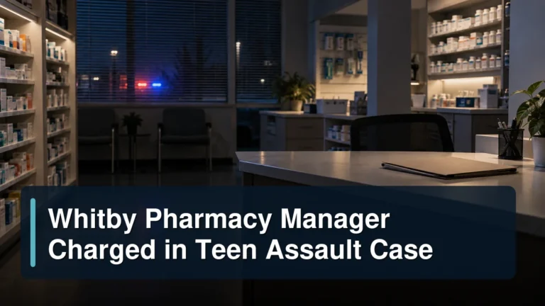Empty unbranded pharmacy investigation scene with the headline Whitby Pharmacy Manager Charged in Teen Assault Case