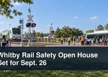 Family rail safety demonstration with the headline Whitby Rail Safety Open House Set for Sept. 26