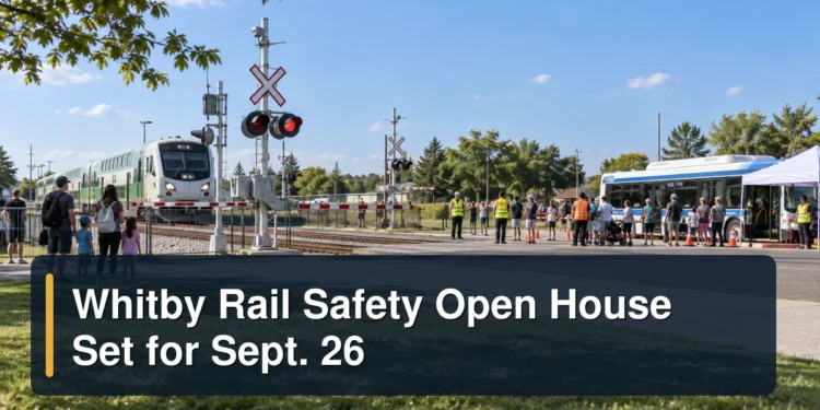 Family rail safety demonstration with the headline Whitby Rail Safety Open House Set for Sept. 26