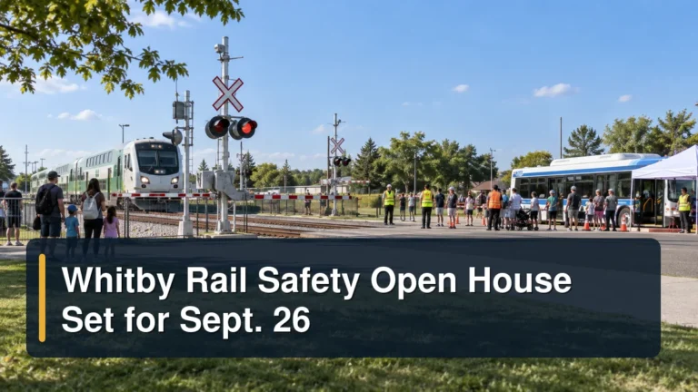 Family rail safety demonstration with the headline Whitby Rail Safety Open House Set for Sept. 26