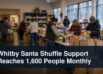 Whitby volunteers organizing food and holiday support with the headline Whitby Santa Shuffle Support Reaches 1,600 People Monthly