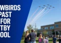 Snowbirds Flypast Planned Over Whitby School Canadian aerobatic aircraft flying over a Whitby schoolyard during a commemorative flypast