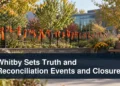 Orange-ribbon community memorial setting with the headline Whitby Sets Truth and Reconciliation Events and Closures