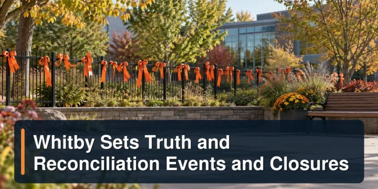 Whitby Sets Truth and Reconciliation Events and Closures Orange-ribbon community memorial setting with the headline Whitby Sets Truth and Reconciliation Events and Closures