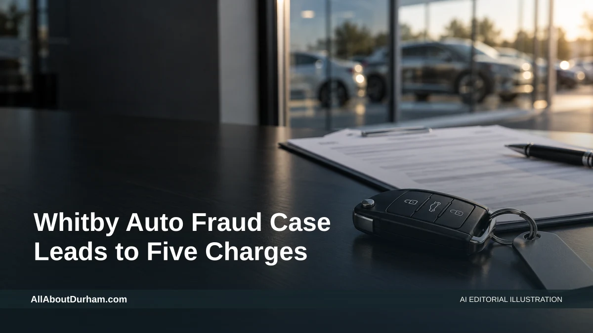 AI editorial illustration: Car key beside blank paperwork at a generic dealership. Headline: Whitby Auto Fraud Case Leads to Five Charges. AllAboutDurham.com.