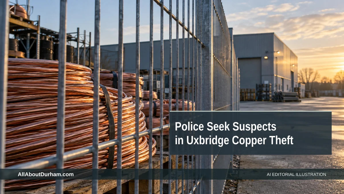 AI editorial illustration: Copper wiring stored behind a secure industrial fence. Headline: Police Seek Suspects in Uxbridge Copper Theft. AllAboutDurham.com.