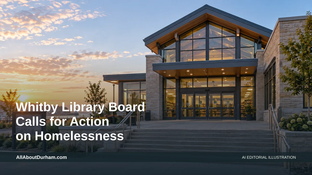 AI editorial illustration: Conceptual public library entrance and open civic space. Headline: Whitby Library Board Calls for Action on Homelessness. AllAboutDurham.com.