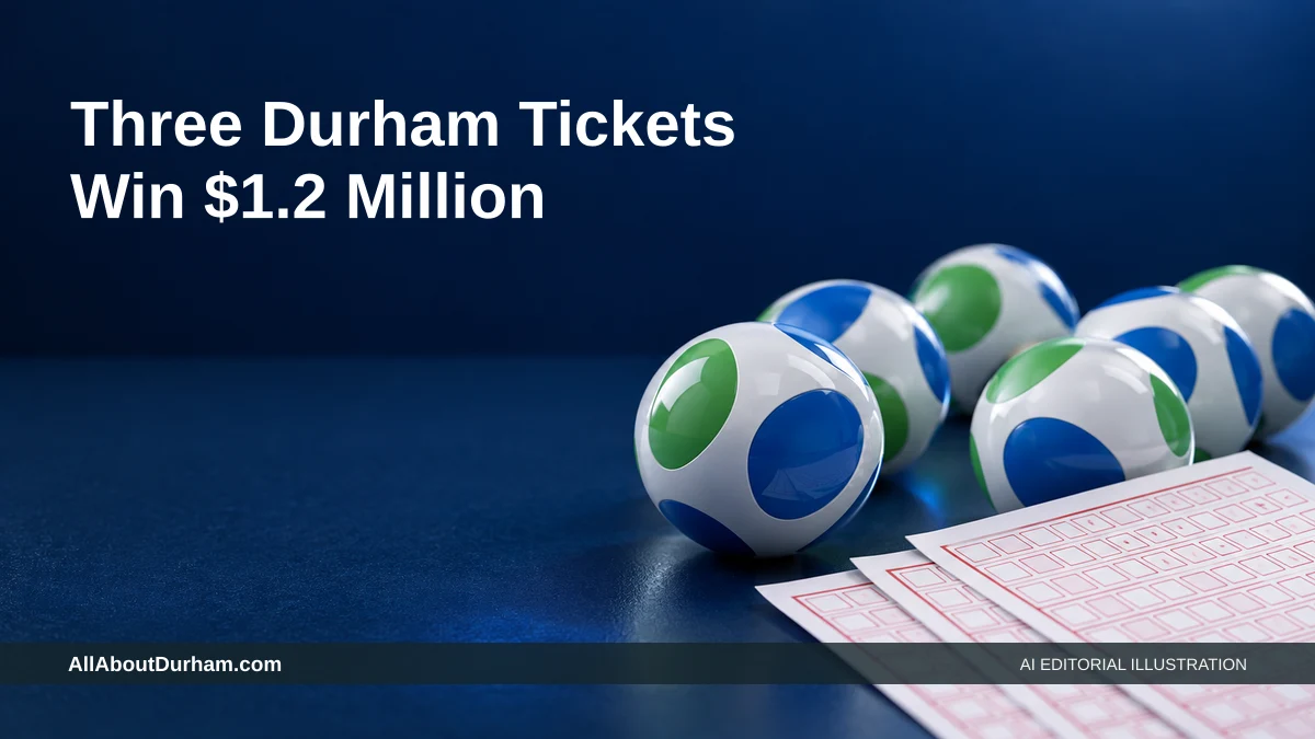 AI editorial illustration: Generic lottery balls and a blank ticket concept. Headline: Three Durham Tickets Win $1.2 Million. AllAboutDurham.com.
