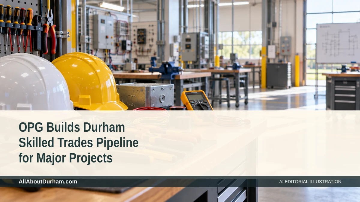 AI editorial illustration: Hard hats and hand tools on a workshop bench. Headline: OPG Builds Durham Skilled Trades Pipeline for Major Projects. AllAboutDurham.com.