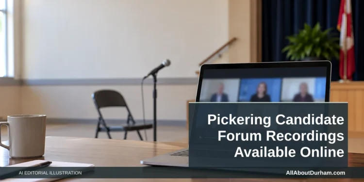 AI editorial illustration: Laptop showing indistinct forum video in a neutral meeting room. Headline: Pickering Candidate Forum Recordings Available Online. AllAboutDurham.com.