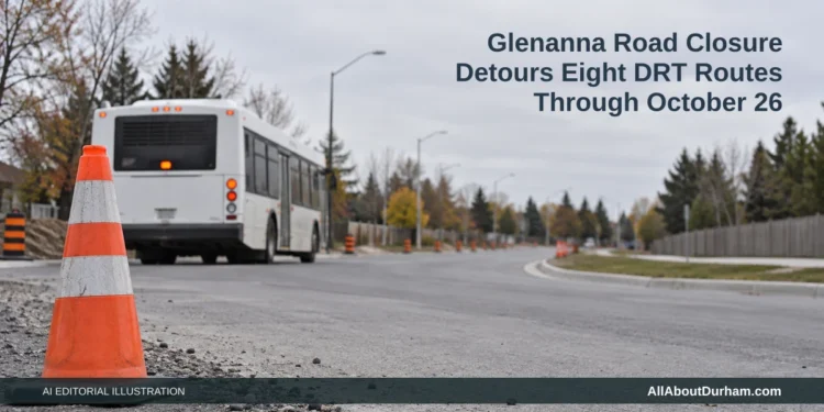 AI editorial illustration: Unbranded transit bus and orange construction cone on a suburban road. Headline: Glenanna Road Closure Detours Eight DRT Routes Through October 26. AllAboutDurham.com.