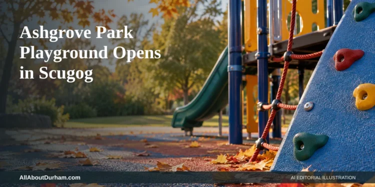 AI editorial illustration: Close-up of colourful playground climbing equipment and autumn leaves. Headline: Ashgrove Park Playground Opens in Scugog. AllAboutDurham.com.