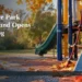 AI editorial illustration: Close-up of colourful playground climbing equipment and autumn leaves. Headline: Ashgrove Park Playground Opens in Scugog. AllAboutDurham.com.