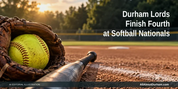 AI editorial illustration: Yellow softball in a glove beside a bat on an empty diamond. Headline: Durham Lords Finish Fourth at Softball Nationals. AllAboutDurham.com.
